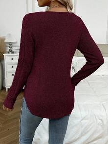 EMERY ROSE Elegant Solid Color Long Sleeve Crew Neck Versatile Women Sweater - Red - View 2