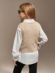 Hanevo 適合青少年女孩的粗織深v領毛衣背心 - 卡其色 - 查看 2