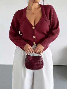 Firerie Plus Size Solid Color Front Button Long Sleeve Casual Knit Cardigan In Fall/Winter Wine Red Top - Red - View 7