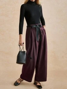 Écloséra 女士休闲撞色腰带褶皱长宽松裤，秋冬 - 酒紅色 - 查看 6