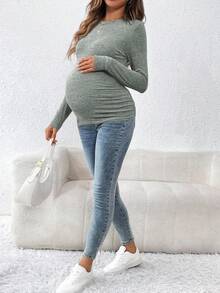 SHEIN Áo thun bầu tay dài màu trơn, kiểu dáng thường ngày, thoải mái. - màu xanh lá - Xem 4