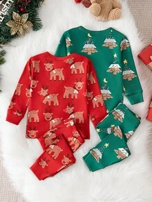 Cozy Pixies 4 件套女婴圣诞驯鹿和树图案针织柔软圆领长袖上衣和松紧腰紧身裤舒适睡衣套装 - 紅色 - 查看 2