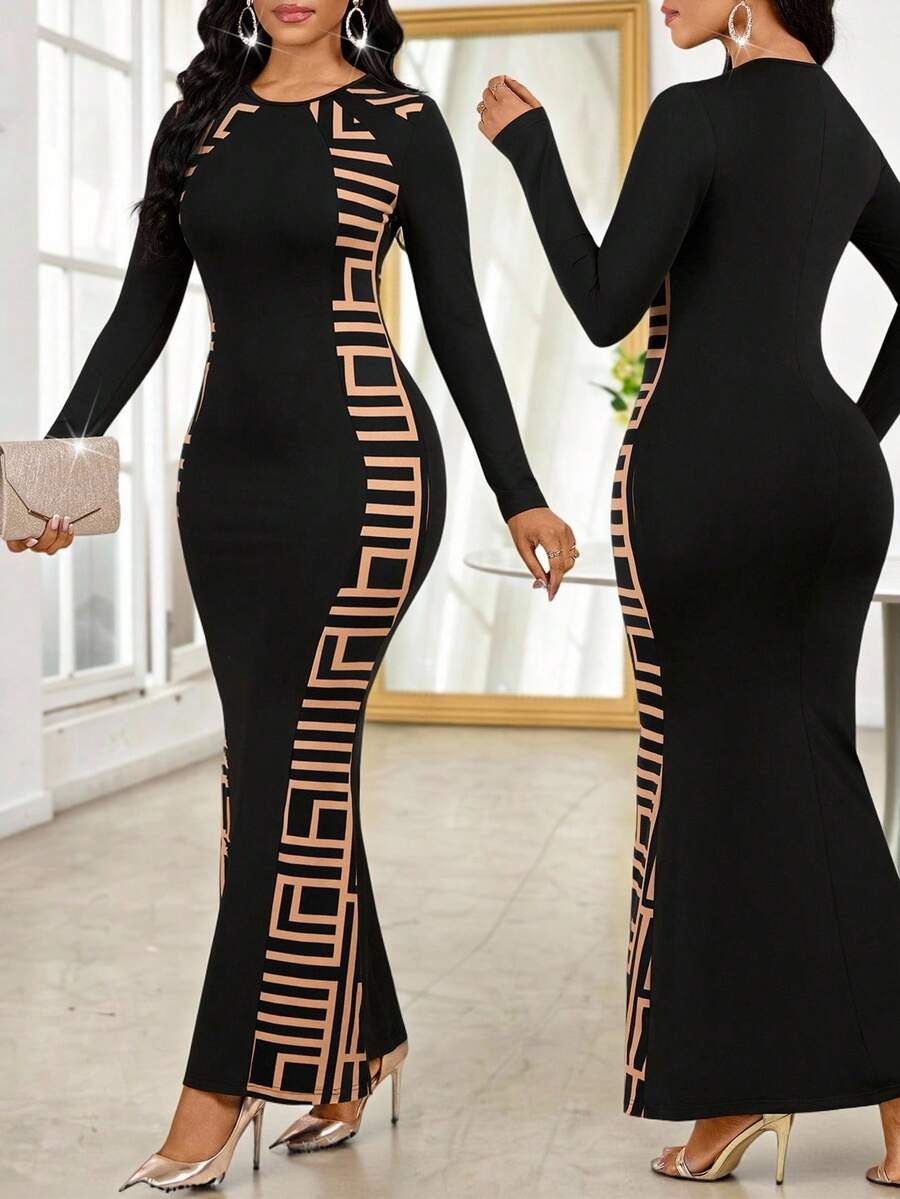 SHEIN Lady Vestido largo ajustado y elegante con estampado para mujer de talla grande