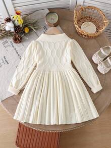 Mädchen Pulloverkleid mit Kragen, strukturiertes Jacquard-Muster, Schal-Dekoration, modisch vielseitig urban chic, weiche Aquarell-Einfarbigkeit mit niedriger Sättigung, angenehmer Stoff, geeignet für Herbst/Winter