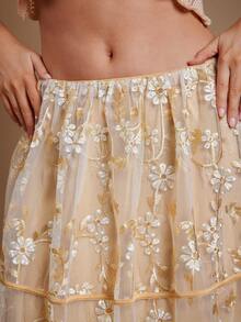 WESTFADE Saia Longa Fluida com Babados, Cintura com Cordão, Bordado Floral em Tule, Uso no Outono, Inverno, Estilo Ocidental para Mulheres, Boho Cowgirl - Branco - Visão 6