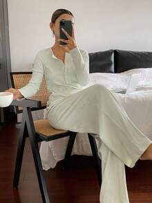 DAZY Women's Simple Solid Color Brushed Ribbed Fabric Pajama Set, Autumn/Winter, Cozy Outfit Fall Clothes - Green - View 7
