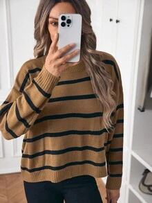 休闲圆领黑白条纹套头衫，学院风 - 棕色 - 查看 3