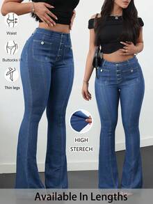 SHEIN PETITE CURVE 大码女式纽扣前袋喇叭裤休闲牛仔裤，适合夏季、秋季返校季、返校节等场合，可爱千禧风，机场时尚，低调复古，适合教师等场合。 - 中等水洗藍 - 查看 7