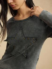 Easelle 女式针织紧身圆领长袖五角星图案休闲T恤 - 黑色 - 查看 6