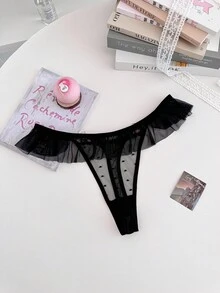PetitDoll 1pc Women's Ruffle Trim Sexy Thong Panty - Black - View 2