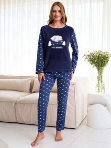 Letter & Cartoon Embroidery Flannel Pajamas Set - Navy Blue - View 4