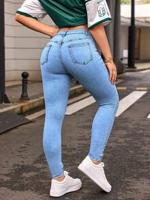 SHEIN PETITE 女士口袋休闲百搭牛仔裤 - 藍色 - 查看 2