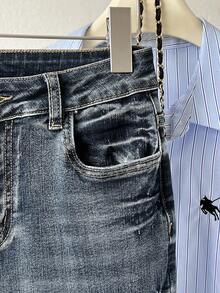 Elamini 女式休闲日常破洞喇叭牛仔裤，带斜口袋 - 藍色 - 查看 3