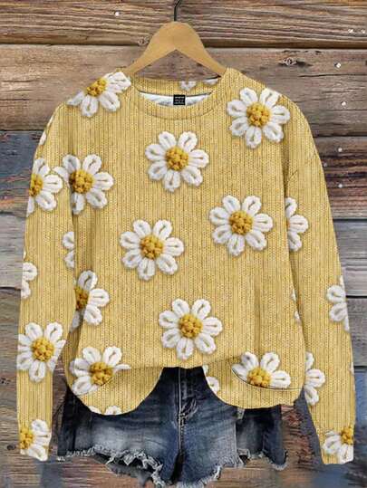 SHEIN LUNE 休闲简约印花图案圆领宽松女式卫衣，3D花卉印花，适合秋冬季