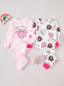 4 件套女婴长袖上衣和裤子套装，可爱甜甜圈印花休闲舒适家居服，春秋季 - 粉色 - 查看 2