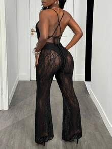 Slaydiva 2025 Autumn And Winter New Sexy Elegant Slim Black Transparent Lace Fabric Halter Neck Micro Flared Long Women Jumpsuit, Suitable For Country Concert Outfit,Halloween Costumes ,Christmas,Birthday Outfit,Club Outfits Women Sexy,Going Out, Party Gatherings-B