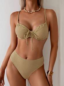SHEIN Swim Summer Beach Women's Front Lace-Up Bikini Set Wedding - Khaki - View 1
