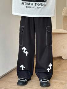 SHEIN Tween Boy 撞色缝线图案工装口袋宽松阔腿裤，适合休闲、运动、学校、时尚百搭 - 黑色 - 查看 4