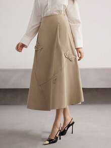 Heiryn Women's Solid Color High Waist Elegant Office Midi Skirt