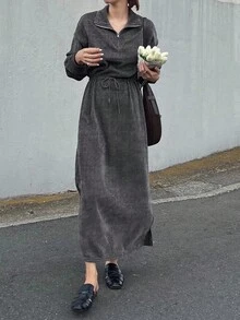 FRIFUL 女式深灰色亮面面料翻领长袖拉链腰部收腰休闲百搭长裙，秋季 - 卡其色 - 查看 3