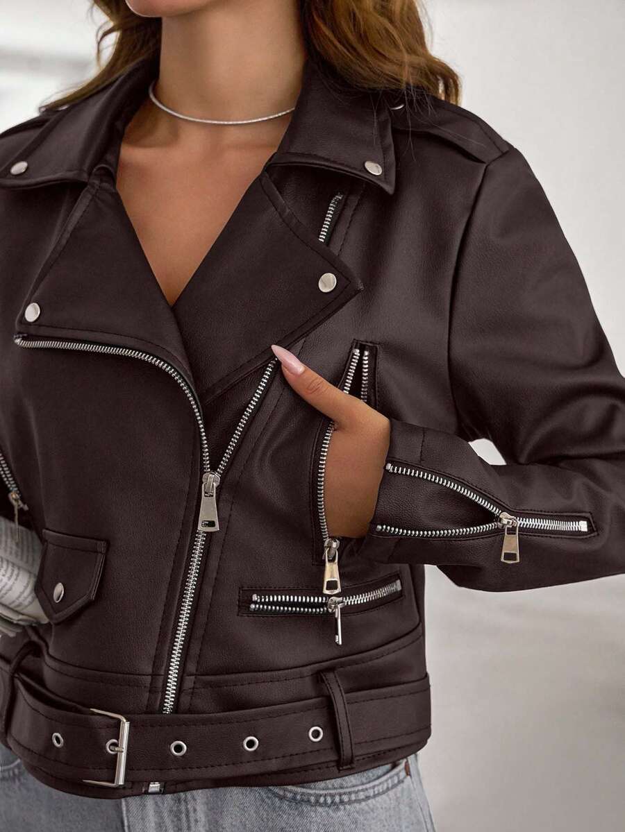 SHEIN Zip Up PU Belted Detailed Leather Moto Jacket, For Autumn/Winter - Brown - View 1