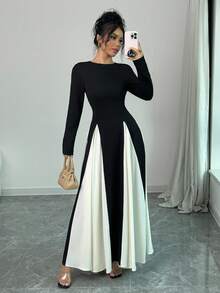 Rafferiza 拼色长袖圆领拼接休闲办公连衣裙，适合聚会，秋冬长款女装 - 黑色 - 查看 5