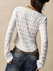 Bohemela 女士休闲纯色波尔卡圆点 V 领长袖毛衣，适合秋季、万圣节、圣诞节 - 白色 - 查看 6