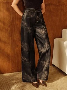 Anewsta Pantalones largos de mujer de cuero PU con tonos duales y efecto desgastado, versátiles para ir y venir, nuevos para otoño/invierno - Café integral - Ver 6