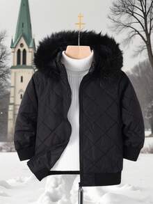 SHEIN 男童保暖绗缝连帽冬季外套，时尚毛领棉袄，百搭 - 黑色 - 查看 4