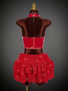 Amplova 大码女式闪亮亮片蕾丝分层 A 字裙，适合万圣节派对 - 紅色 - 查看 2