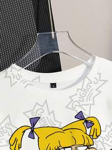 Nick 90s | SHEIN Women's Casual Cartoon Pattern Round Neck Short Sleeve Cropped T-Shirt, Summer - White - View 4