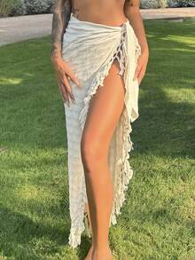 Bearsaez Summer Beach Women Holiday Beach Fringe Trimmed Tie Front Cover Up Skirt - Beige - View 1