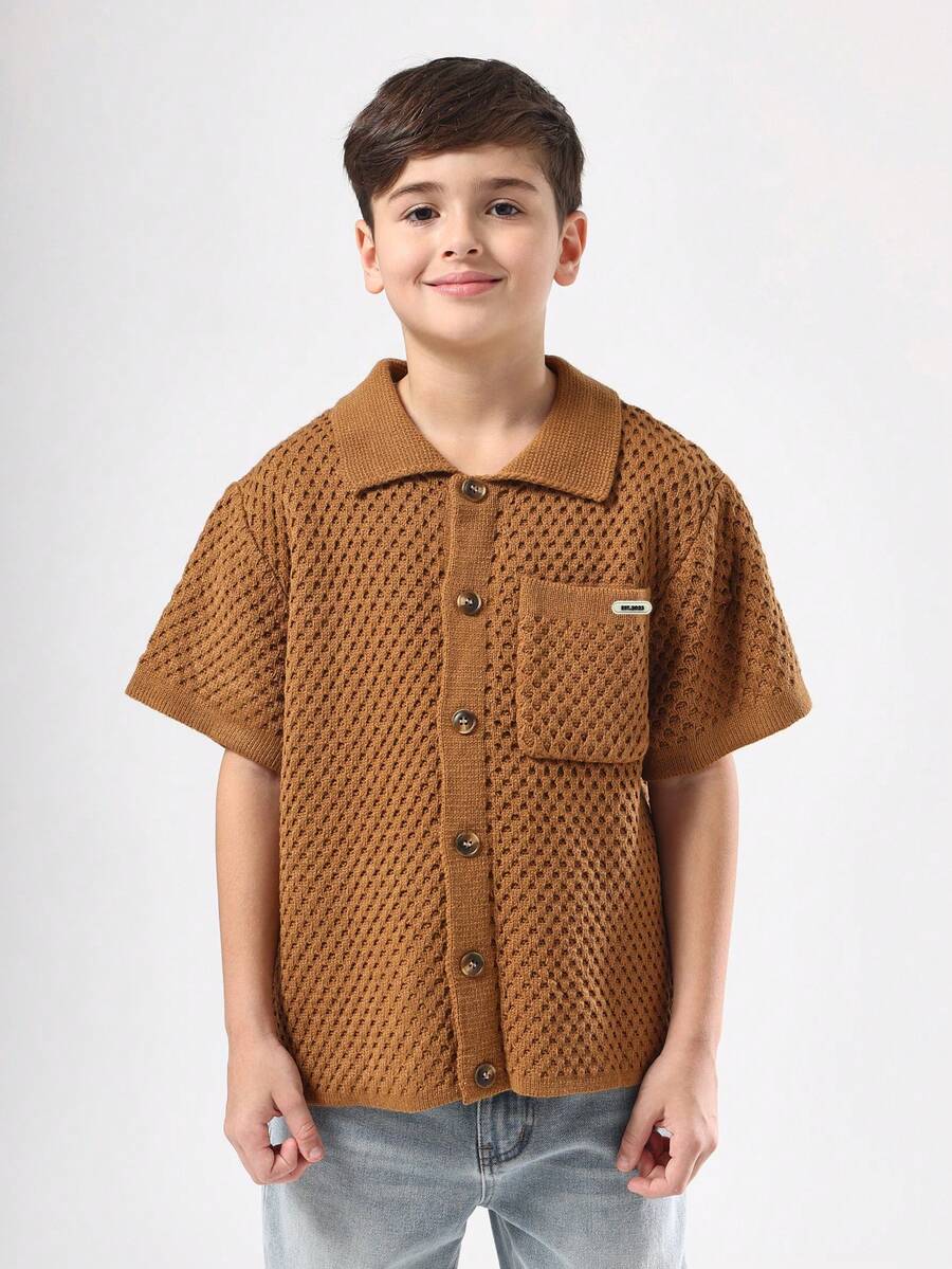 SUMWON Knitted Cardigan Button Down Sweater Short Sleeve Collared Neck Brown Textured Waffle Knit Pattern Front Pocket Casual Outerwear Fall Winter - Brown - View 1
