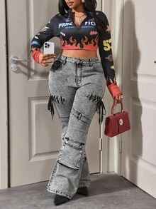 Slaydiva Plus Lace Up Front Flare Leg Jeans - Blue - View 4