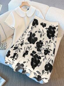 Franclia Women's Elegant Peter Pan Collar Short Sleeve Blouse & Printed Skirt 2 Pieces Set - Khaki - View 5