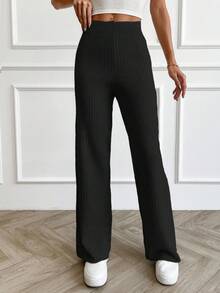 EURMUSE Women's Rib Knitted Straight High Waist Knit Pant - Hitam - View 3