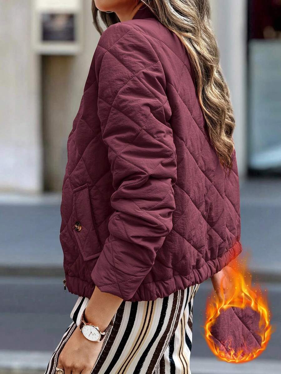 EMERY ROSE Women's Solid Color Long Sleeve Zip-Up Quilted Baseball Jacket, Autumn/Winter, Christmas - Burgundy - View 1