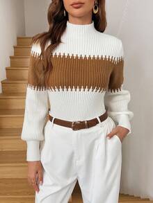 SHEIN LUNE 秋冬女士高领灯笼袖拼色休闲工作服毛衣，长袖上衣 - 白色 - 查看 8