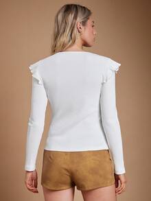 WESTFADE Brushed Rib Knit Scoop Neck Ruffle Shoulder Long Sleeve Top Fall, Autumn, Winter, Nashville Concert, Casual, Cute, Boho, Western Wear For Women