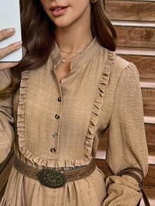 LanaWest Women's Khaki Flowy Fabric Stand Collar Ruffle Trim Half-Placket Button Niche Design Western Casual Loose Flared Dress, Autumn