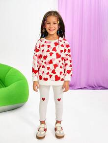 Maija Kids Maija Kids 2 peças/Conjunto Meninas Casual Estampa de Coração Moletom e Legging, Adequado para Uso Casual de Crianças, Volta às Aulas, Cerimônia de Abertura, Uso Diário, Escola, Viagem, Esportes, Outono/Inverno - Vermelho - Visão 3