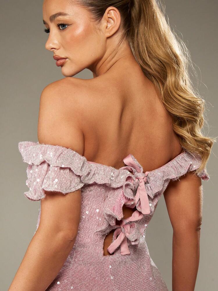 MISSGUIDED Sequin Frill Trim Bardot Playsuit Off Shoulder Ruffle Detail Party Evening Glitter Occasion Flirty Festival Short Jumpsuit