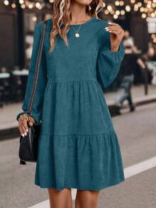 SHEIN LUNE Casual Commuter Solid Color Lantern Sleeve Dress - Blue - View 5