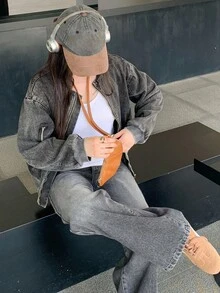 DAZY 女式休闲水洗街头风格牛仔夹克和宽松牛仔裤套装