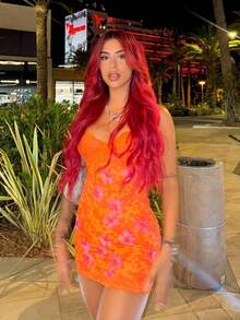 Bearsaez 蕾丝杯细节热带花卉网眼紧身迷你连衣裙 - 橘色 - 查看 5