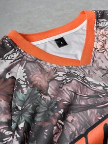 Manfinity Roghcode Men Letter & Branch Print V-Neck Long Sleeve Casual T-Shirt, Fall - Multicolor - View 5
