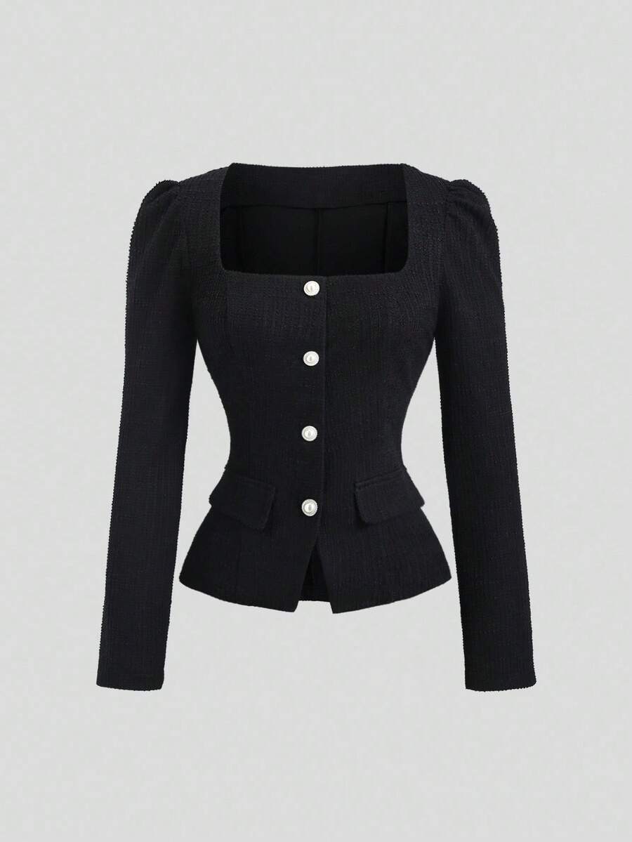 Sweetra Women's New Vintage Solid Color Waist Cinched Slim Fit Crew Neck Long Sleeve Cardigan, Autumn/Winter - Black - View 1