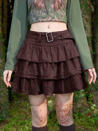 Fairycore Lässiger, vintage, einfarbiger Spitze-Patchwork-Gürtel-A-Linien-Rock