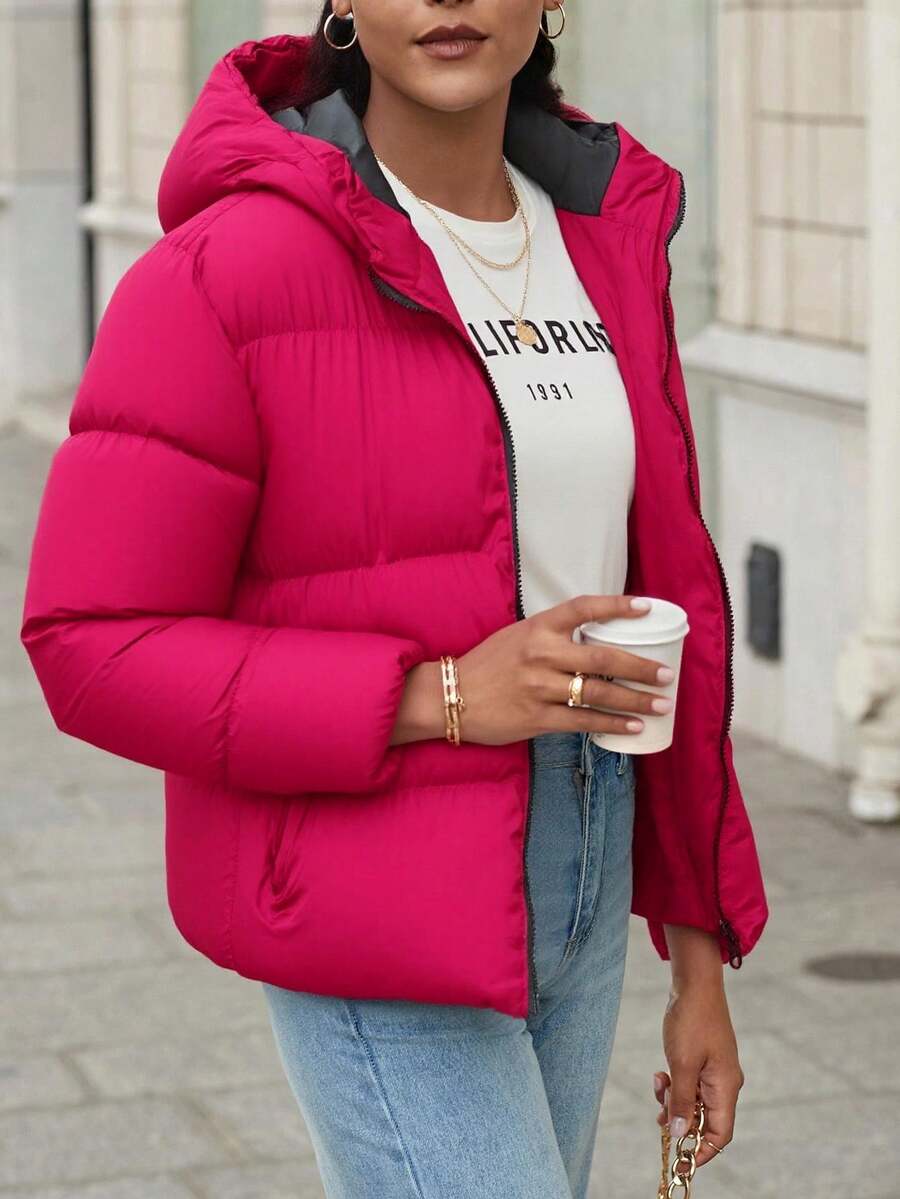 EURMUSE Zip Up Hooded Puffer Coat - Red - View 1