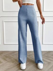 EURMUSE Women's Rib Knitted Straight High Waist Knit Pant - Baby Blue - View 3